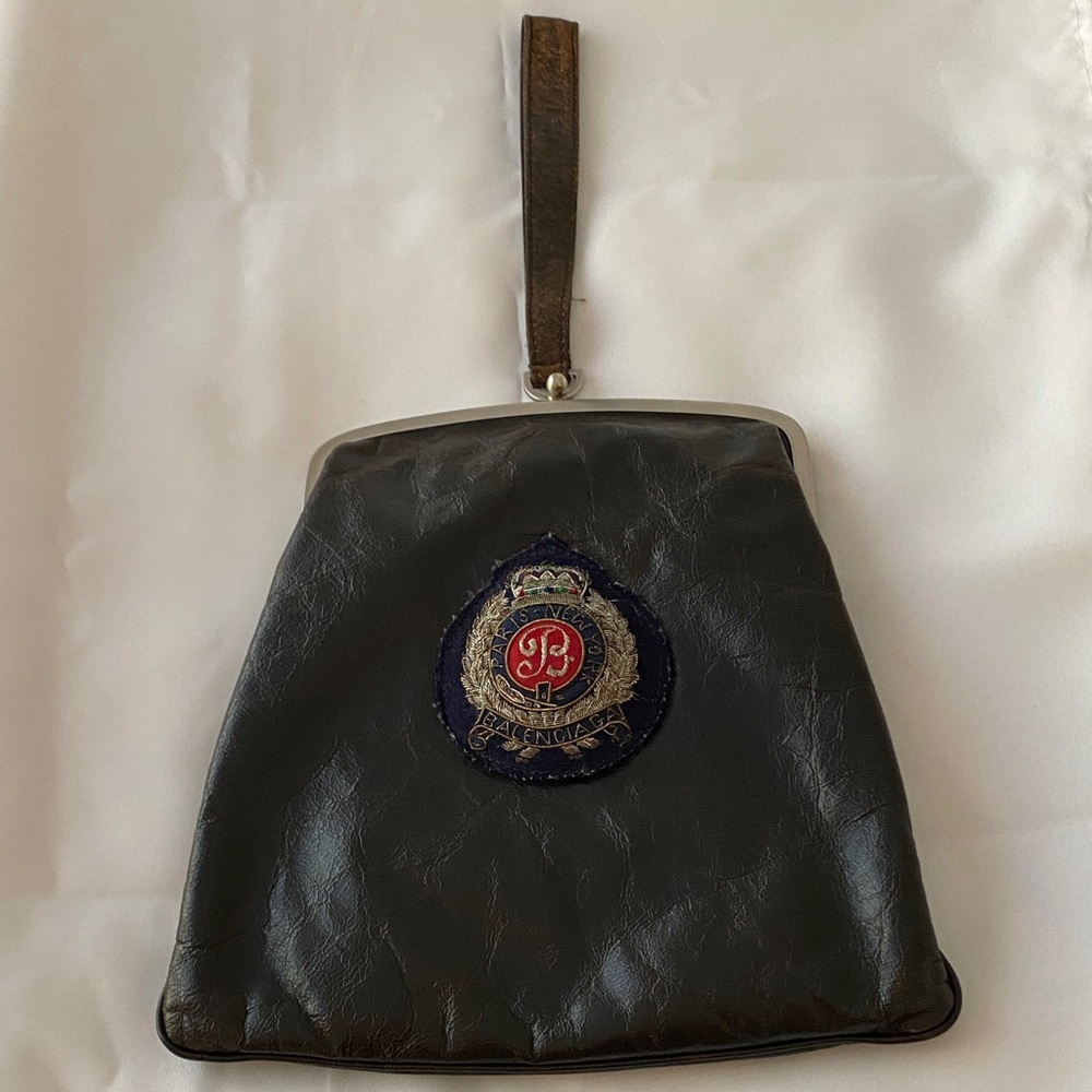 Vintage Dark Brown Balenciaga Leather Wristlit Handbag with Embroidered Patch